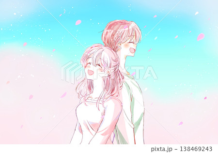 背中合わせの笑顔の男女 桜吹雪 青空 背中合わせの笑顔の男女 桜吹雪 青空 138469243