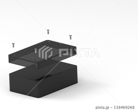 Exploded view of black electronic enclosure with screws for engineering and product design 138469268
