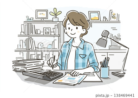 スモールオフィスで経理作業をする働く女性｜会計・事務処理のビジネスイラスト 138469441