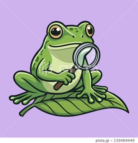 Green Frog Holding Magnifying Glass Illustration Character Vector Logo Template 138469449