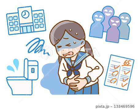 学生のストレス・不安による腹痛イラストセット｜不登校・心因性・体調不良 138469596