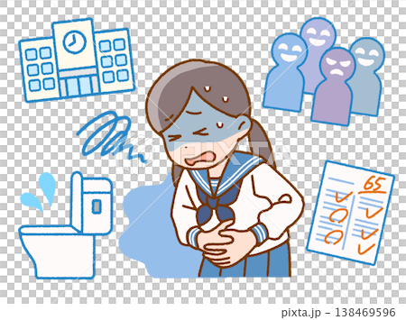 学生のストレス・不安による腹痛イラストセット｜不登校・心因性・体調不良 138469596