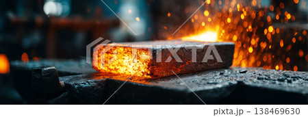 A glowing hot steel billet sits on a heavy anvil in a metal forging workshop. Bright sparks fly around as the heat fills the space. The scene shows metalwork in action 138469630