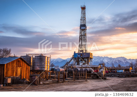 A drilling rig stands tall in a rural area with surrounding outbuildings and tanks. The sky is clear, showing a typical workday in oil or natural gas extraction A drilling rig stands tall in a rural area with surrounding outbuildings and tanks. The sky is clear, showing a typical workday in oil or natural gas extraction 138469632