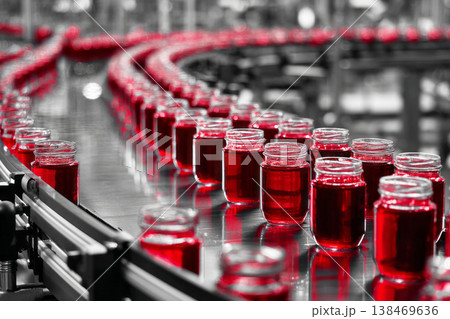 Workers in a food factory process canned food. The conveyor belt moves colorful cans ready for packaging. The factory operates during the day with bright lighting Workers in a food factory process canned food. The conveyor belt moves colorful cans ready for packaging. The factory operates during the day with bright lighting 138469636
