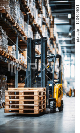 A worker maneuvers a forklift carrying two stacked empty wooden pallets through an aisle in a wide distribution center 138469651