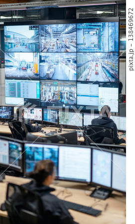 Staff members in a control room view large digital screens that display data related to supply chain operations. The room is designed for monitoring and analysis of various metrics Staff members in a control room view large digital screens that display data related to supply chain operations. The room is designed for monitoring and analysis of various metrics 138469672