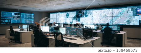 Staff members in a control room view large digital screens that display data related to supply chain operations. The room is designed for monitoring and analysis of various metrics 138469675