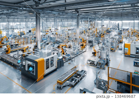 Robotic arms move along assembly lines in a factory. The production area is busy with machinery and equipment. Automation is central to the workflow in this industrial space 138469687