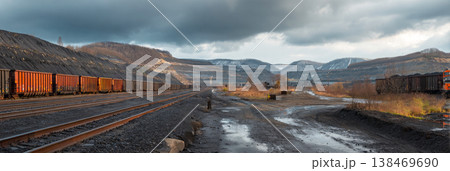 Coal mine shows a large spoil tip with rail cars positioned along the tracks. The scene features machinery and mining activity in the background with a cloudy sky 138469690