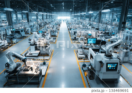 In a smart manufacturing factory, automated machines and robotic arms operate in sync. The setting reveals advanced technology managing tasks efficiently on the production floor 138469691