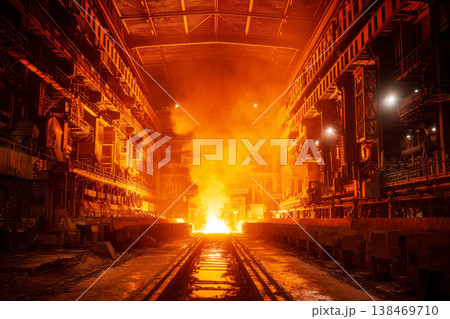 Molten steel is pouring from a blast furnace into a channel for casting. The scene shows the interior of a steel mill at night. Bright orange and yellow glow fills the area 138469710