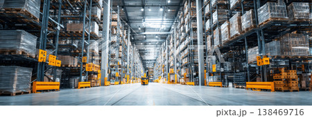 A wide view inside a modern warehouse logistics center reveals long aisles filled with neatly stacked pallets on organized shelving A wide view inside a modern warehouse logistics center reveals long aisles filled with neatly stacked pallets on organized shelving 138469716