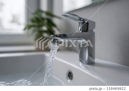 Water flows strongly from a chrome faucet into a white wash basin in a modern bathroom. Natural light enters from nearby windows illuminating the scene 138469922