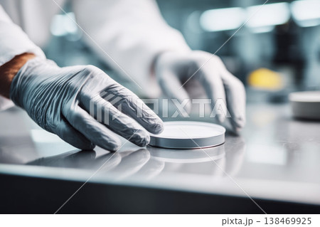 A worker wearing white gloves meticulously inspects the smooth surface of a circular product. This close-up view highlights the detailed quality control process in a manufacturing facility 138469925