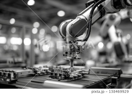 A robotic arm is working to assemble electronic components on a production line in an Industry 4.0 environment. Machines operate with advanced technology and automation 138469929