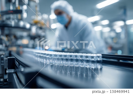 A worker checks finished products moving along a conveyor belt as part of the quality control process in a factory. The focus is on ensuring precision and detail in the work A worker checks finished products moving along a conveyor belt as part of the quality control process in a factory. The focus is on ensuring precision and detail in the work 138469941