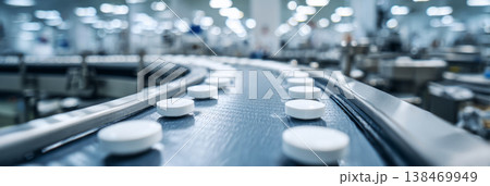 Rows of white pharmaceutical blister packs move steadily along a blue conveyor belt 138469949
