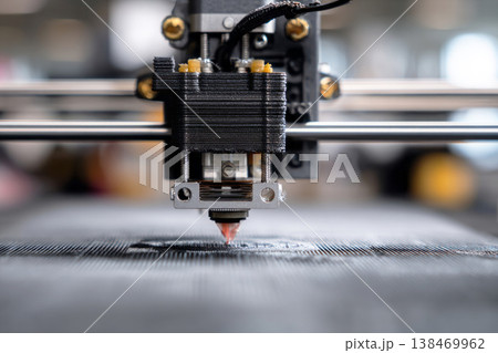 A 3D printer extruder deposits colored filament onto a model during the printing process in a well-lit workshop. The printer is in action and creating details A 3D printer extruder deposits colored filament onto a model during the printing process in a well-lit workshop. The printer is in action and creating details 138469962