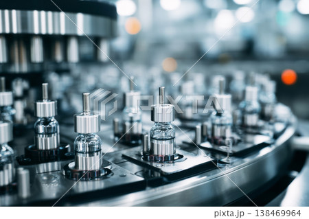 A specialized automated machine meticulously fills and seals rows of clear glass vials, containing liquid medicine, moving along a conveyor in a sterile pharmaceutical factory A specialized automated machine meticulously fills and seals rows of clear glass vials, containing liquid medicine, moving along a conveyor in a sterile pharmaceutical factory 138469964