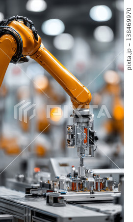 A robotic arm is working to assemble electronic components on a production line in an Industry 4.0 environment. Machines operate with advanced technology and automation A robotic arm is working to assemble electronic components on a production line in an Industry 4.0 environment. Machines operate with advanced technology and automation 138469970