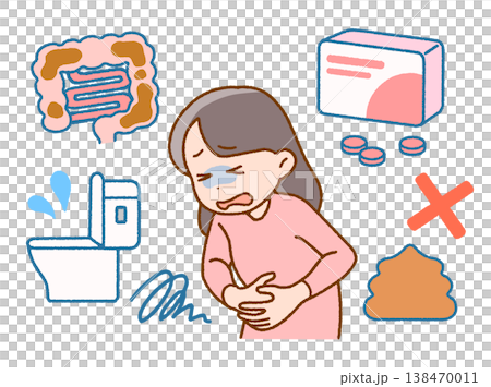 便秘導致腹痛的女性插圖 | 腹痛、腸道健康、壓力 138470011