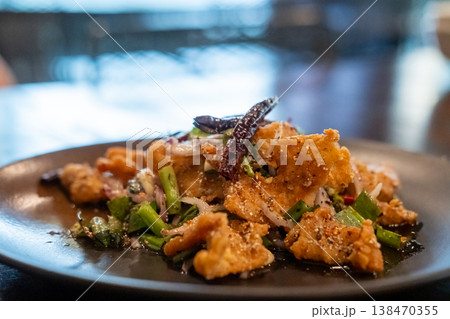 Spicy fried chicken served on plate Spicy fried chicken served on plate 138470355