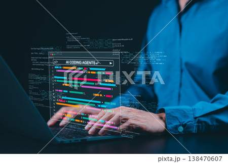 AI coding agents for software development concept. Programmer use laptop with code and AI assistant represent artificial intelligence, AI programming, software developer tools, Machine Learning Code, AI coding agents for software development concept. Programmer use laptop with code and AI assistant represent artificial intelligence, AI programming, software developer tools, Machine Learning Code, 138470607