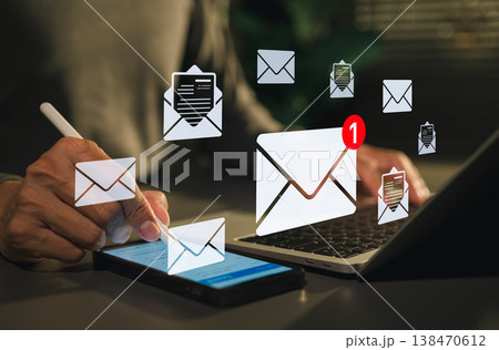 Email marketing and online communication concept. Person receiving new message notification on smartphone highlighting digital inbox management, customer engagement and business communication strategy Email marketing and online communication concept. Person receiving new message notification on smartphone highlighting digital inbox management, customer engagement and business communication strategy 138470612