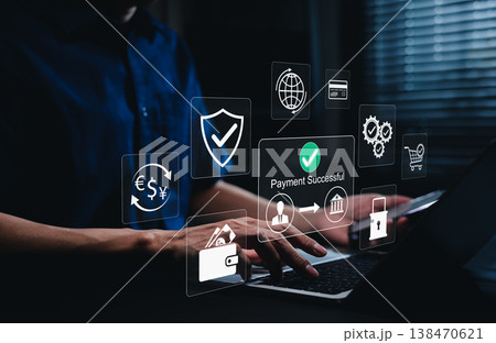 Secure online payment concept. Person using laptop and virtual financial icons showing payment confirmation, digital wallet, banking transaction, cybersecurity protection, fintech financial technology 138470621