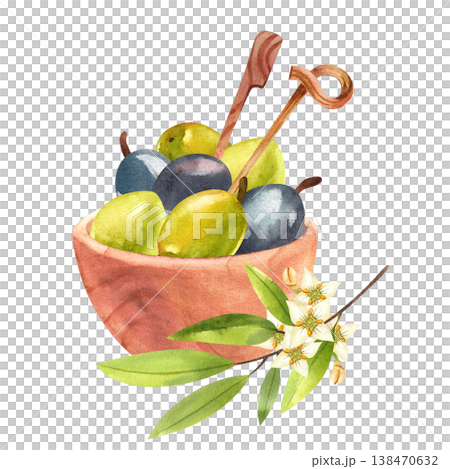 Ripe green and dark olives in a wooden bowl with a flowering branch, isolated watercolor illustration. Hand-drawn Mediterranean plants in a simple rustic style for a food festival theme. Ripe green and dark olives in a wooden bowl with a flowering branch, isolated watercolor illustration. Hand-drawn Mediterranean plants in a simple rustic style for a food festival theme. 138470632