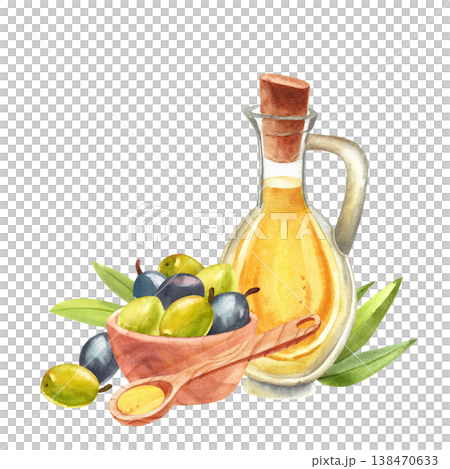 Olive oil in a glass jug with a green sprig and fruit in a wooden bowl. Hand drawn watercolor illustration of Mediterranean plants in a simple, rustic style for a food festival. Olive oil in a glass jug with a green sprig and fruit in a wooden bowl. Hand drawn watercolor illustration of Mediterranean plants in a simple, rustic style for a food festival. 138470633