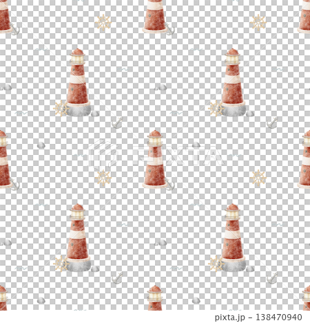 Pattern watercolor red lighthouse, anchor, steering wheel, waves, rocks. Illustration is hand-drawn in childish style. Print on an isolated background for textiles, fabrics, baby clothing, wallpaper Pattern watercolor red lighthouse, anchor, steering wheel, waves, rocks. Illustration is hand-drawn in childish style. Print on an isolated background for textiles, fabrics, baby clothing, wallpaper 138470940