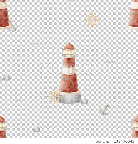 Pattern watercolor red lighthouse, anchor, steering wheel, waves, rocks. Illustration is hand-drawn in childish style. Print on an isolated background for textiles, fabrics, baby clothing, wallpaper Pattern watercolor red lighthouse, anchor, steering wheel, waves, rocks. Illustration is hand-drawn in childish style. Print on an isolated background for textiles, fabrics, baby clothing, wallpaper 138470943