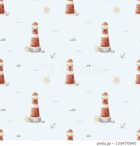 Pattern watercolor red lighthouse, anchor, steering wheel, waves, rocks. Illustration is hand-drawn in childish style. Print on blue background for textiles, fabrics, baby clothing, nursery wallpaper Pattern watercolor red lighthouse, anchor, steering wheel, waves, rocks. Illustration is hand-drawn in childish style. Print on blue background for textiles, fabrics, baby clothing, nursery wallpaper 138470945
