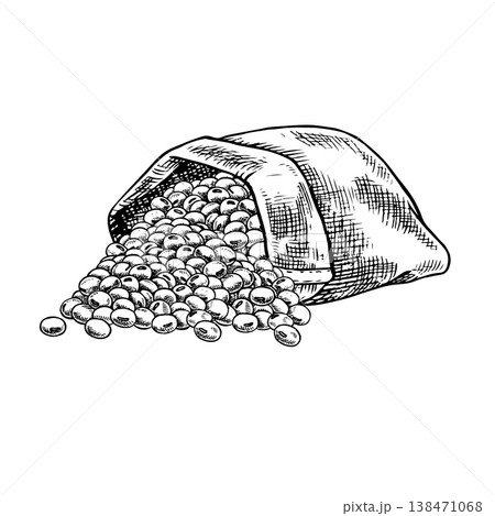 Soybeans in an upended burlap bag. Black and white vector graphic illustration. Isolate. Perfect for creating product labels, posters, banners, menus, and more. 138471068