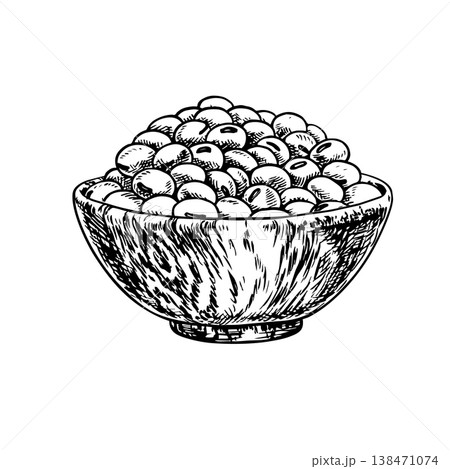 Soybeans in a wooden bowl. Black and white vector graphic illustration. Isolate. Perfect for creating product labels, posters, banners, menus, and more. 138471074