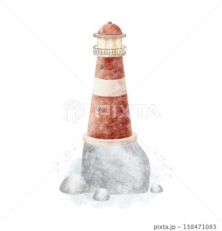 Lighthouse red on rocks, stone, splashing sea water. Hand-drawn watercolor illustration in a children's nautical style, isolated from background for card designs, nursery posters, party invitations 138471083