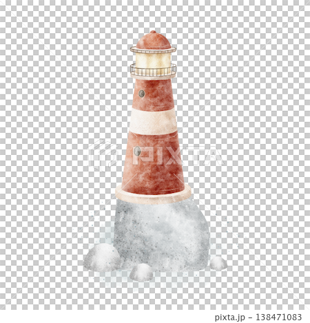 Lighthouse red on rocks, stone, splashing sea water. Hand-drawn watercolor illustration in a children's nautical style, isolated from background for card designs, nursery posters, party invitations 138471083