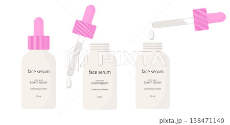 Three glass bottles hold face serum with pink droppers 138471140