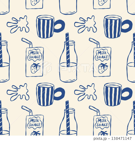 Hand drawn milkshake and glass pattern in blue on off-white Hand drawn milkshake and glass pattern in blue on off-white 138471147