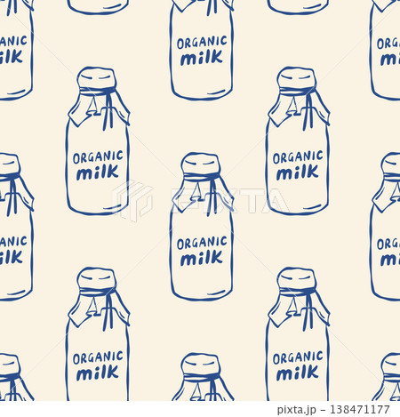 Blue ink sketch of repeating glass bottles with text Organic milk Blue ink sketch of repeating glass bottles with text Organic milk 138471177