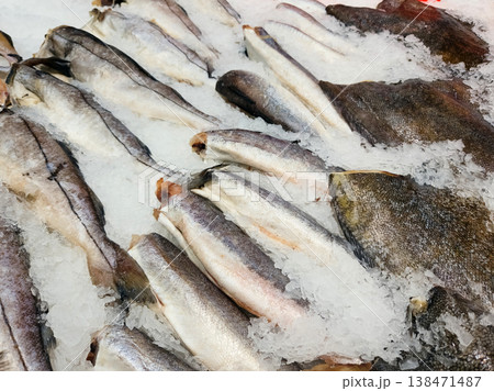 Fresh fish displayed on ice at a market in a busy city during daylight hours Fresh fish displayed on ice at a market in a busy city during daylight hours 138471487