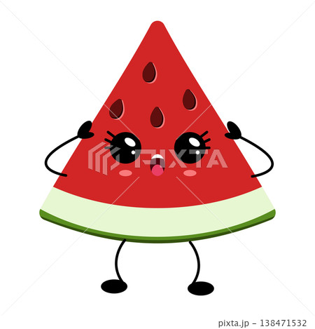 Cartoon watermelon slice character with surprised face and limbs Cartoon watermelon slice character with surprised face and limbs 138471532