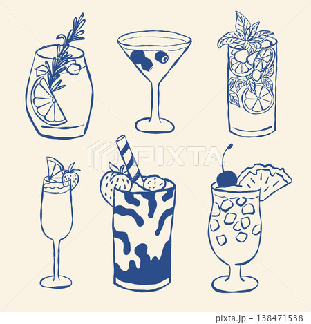 Hand drawn cocktail set with garnishes like rosemary, cherry, and mint Hand drawn cocktail set with garnishes like rosemary, cherry, and mint 138471538