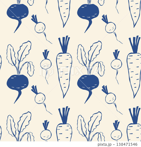 Illustrated carrot and beetroot pattern in blue ink Illustrated carrot and beetroot pattern in blue ink 138471546