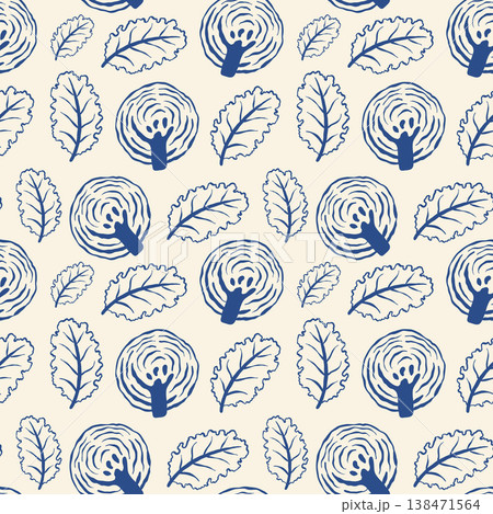 Repeating hand-drawn oak leaf and tree motifs in navy blue on off-white 138471564