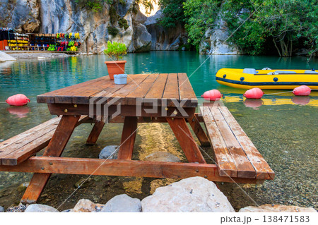 Resting place with wooden table and benches in Goynuk canyon in Antalya province, Turkey 138471583