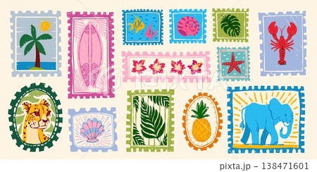 Vintage summer tropical hand drawn postage stamps Vintage summer tropical hand drawn postage stamps 138471601