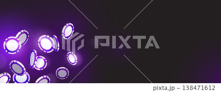 Casino chips, coins cascade with neon purple glow Casino chips, coins cascade with neon purple glow 138471612